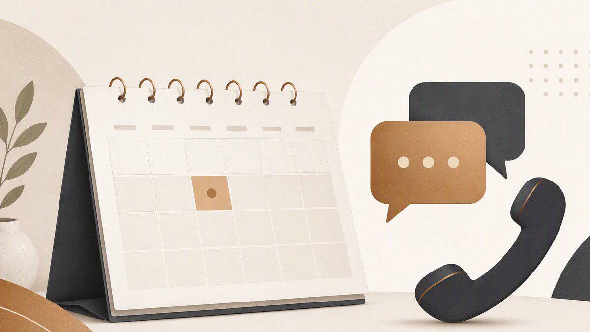 Illustration of a desk calendar with a highlighted appointment day, speech bubbles and a telephone handset
