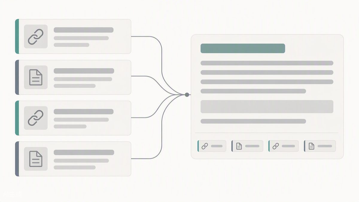 Several source link cards feeding into one generated AI answer panel with a citation row