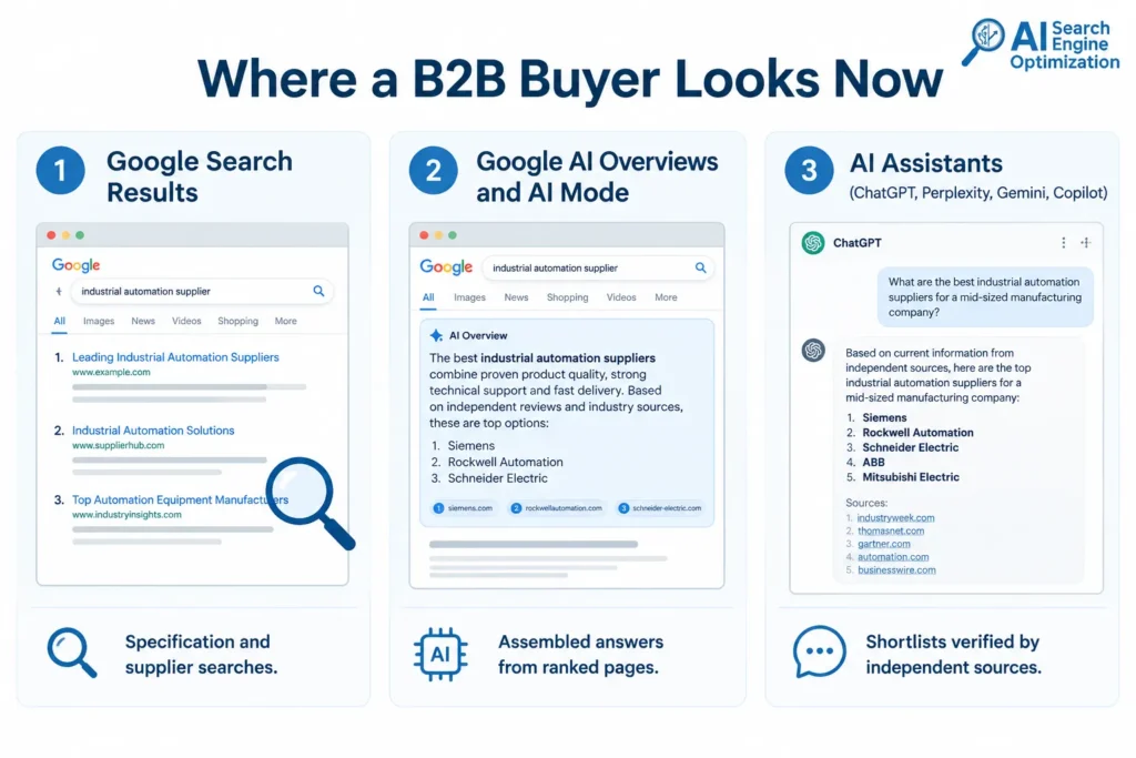 Diagram showing AI-driven B2B buyer search process with Google results, AI overviews, and AI Assist.