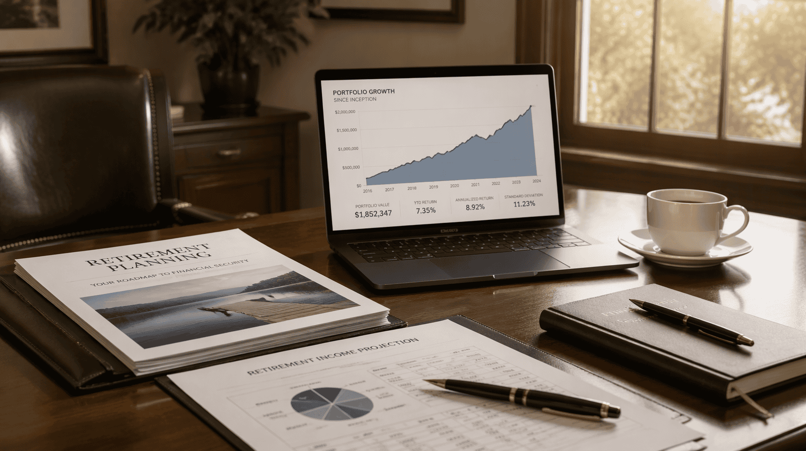 Financial advisor office desk with retirement planning documents and a laptop