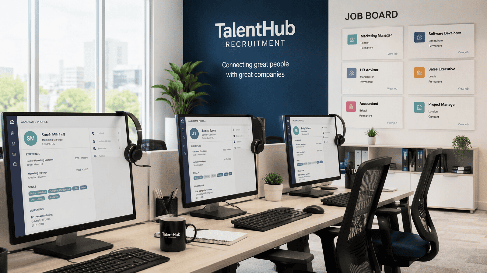 Modern recruitment agency office with desks and candidate profile screens